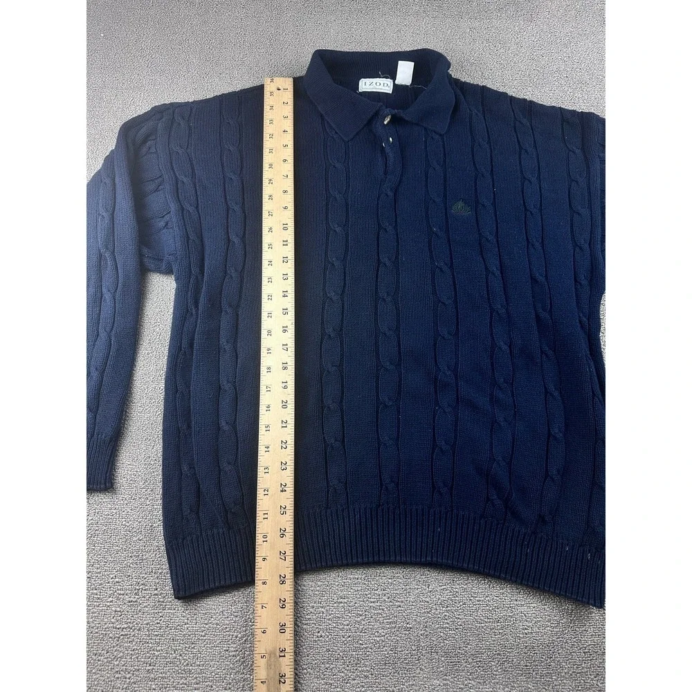 Izod Sweater Men XL Blue Cotton Cable Knit 1/4 Button Embroidered Crest Preppy